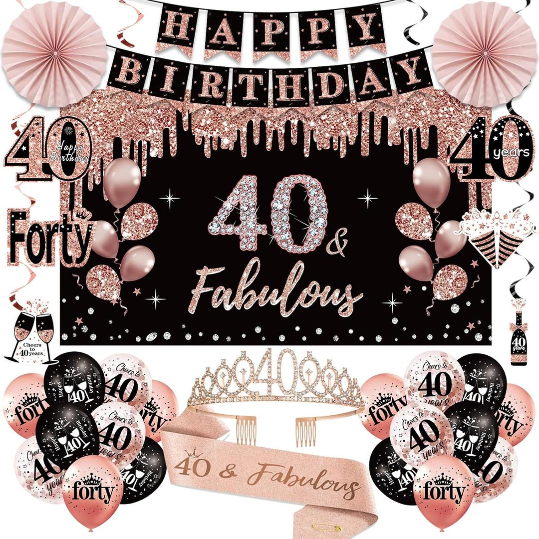 40th Birthday Decorations for Women, 33pcs Black Rose Gold Happy 40th Birthday Banner Crown and Sash Balloons Backdrop Hanging Swirls Paper Fans, 40 Years Old Party Supplies Kit