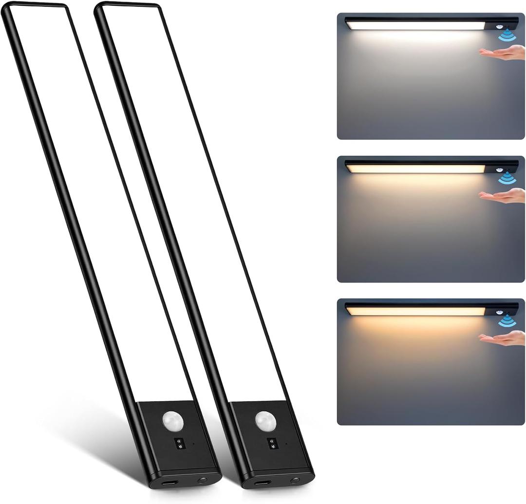 80 LED Motion Sensor Under Cabinet Lights with Hand Wave, 3 Color Temps Indoor Dimmable Closet Light, Rechargeable Wireless Magnetic Strip Night Lights for Hallway, Stairway, Wardrobe(2 Pack, 12 inch)