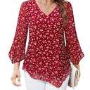 Furnex 3/ 4 Length Sleeve Womens Tops：Work Attire - Business Casual blouses for Women - Tunics to Wear with Leggings Elegant Dressy Tops for Women Night Out Womens Fashion Tops Formal evening Red XL