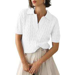 Imily Bela Women's Cable Short Sleeve Sweaters Tops Solid Lapel V Neck Knit Casual Soft Pullover Shirt XL