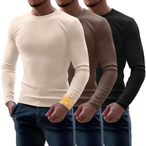 Riyiper 3 Pack Men's Ribbed Thermal Shirts Crew Neck Long Sleeve Tops Winter Stretchy Slim Basic Undershirt (Black, Coffee, Apricot)
