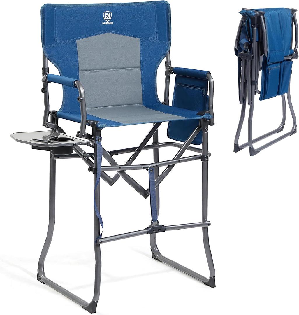EVER ADVANCED Portable 30.7" Seat Height Tall Folding Camping Chair Directors Chair High Foldable Bar Stool with Side Table for Makeup Artist, Sports Event, Craft Show, Supports 350LBS (Blue Grey)