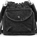 Womens Small Denim Shoulder Crossbody Bag Jean Bucket Tote Bag Drawstring Lightweight Phone Purse Handbags (Black)