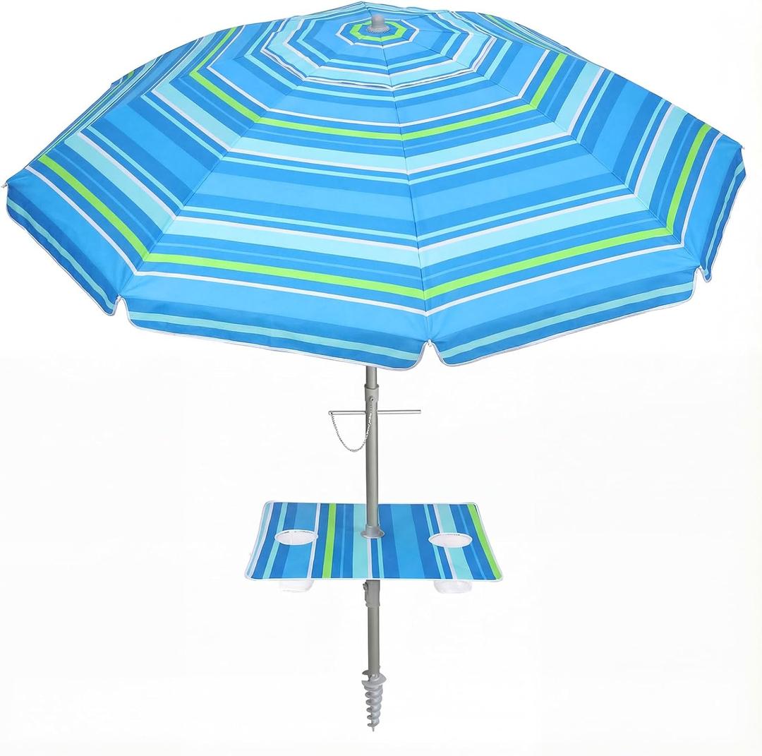 PASAMIC 7ft Beach Umbrella for Sand Featuring a 23'' Built-in Table with Sand Anchor & Tilt, UPF 50+ Protection Beach Umbrellas for Heavy Duty Wind Portable with Carry Bag and Hook, Light Blue Stripes