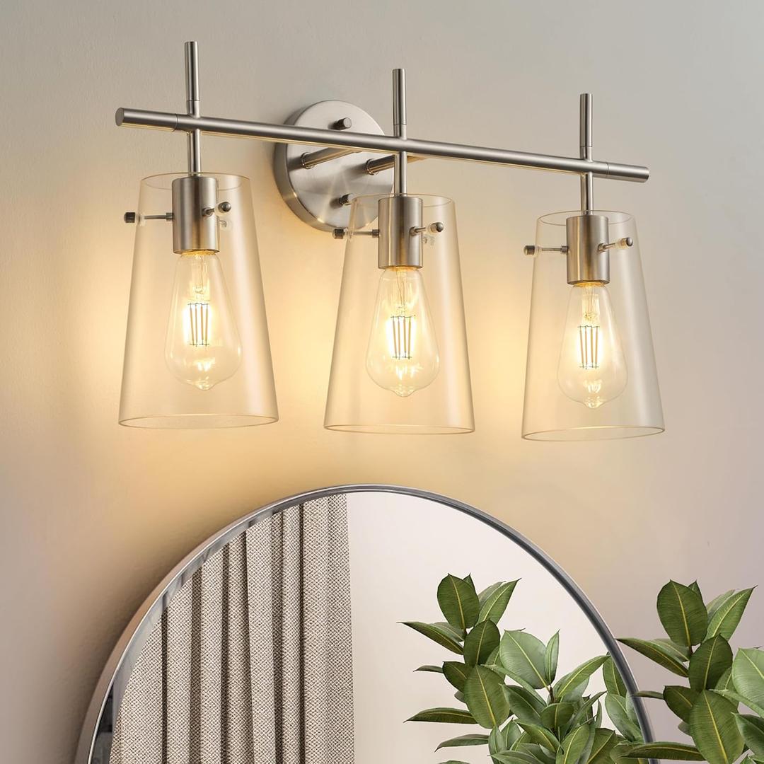 3 Light Vanity Light, Modern Tapered Glass Shade Brushed Nickel Bathroom Wall Sconce