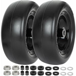 WEIZE Universal Fit 11x4.00-5 Flat Free Tire and Wheel Assembly, Zero Turn Lawn Mower Replacement Tires, 3.4"-4"-4.5"-5" Centered Hub, 3/4" or 5/8" or 1/2"Bushings, Adapter Kit included, Set of 2 (Black)