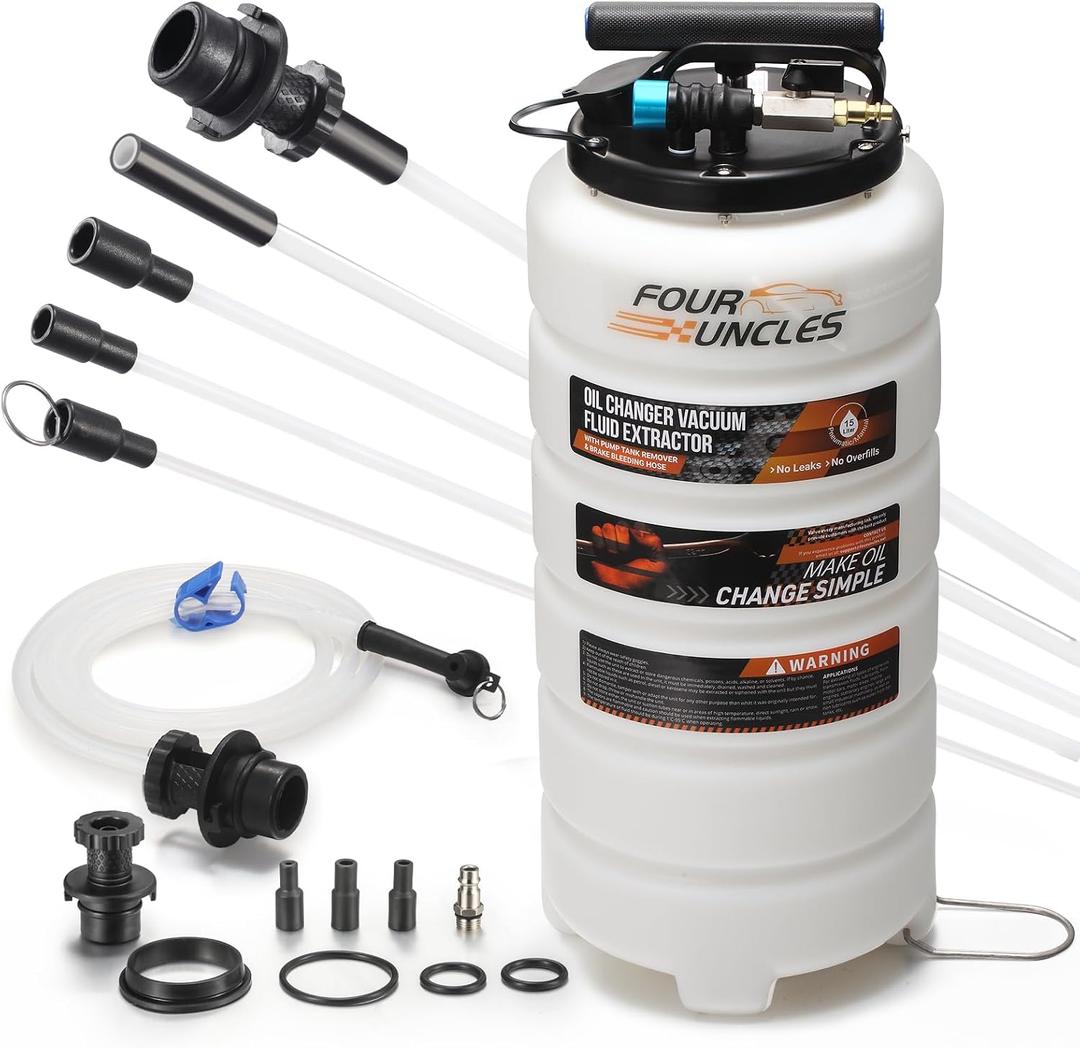 FOUR UNCLES 15L Oil Extractor Pump with Main Tube Extension | 15L Capacity, Dual-Mode Extraction, Main Tube Extension, 3 Suction Tubes, Brake Bleeding Hose