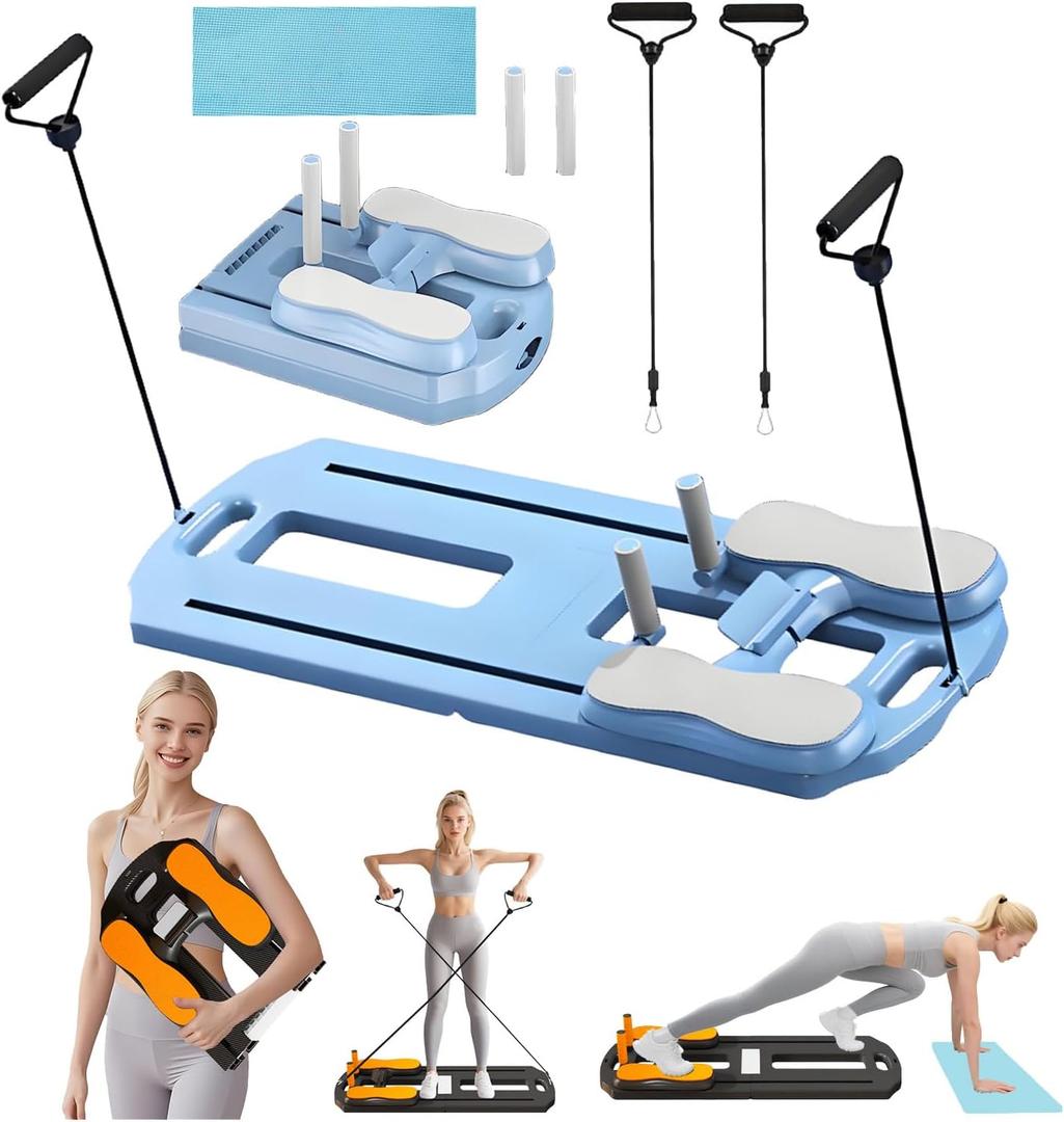 Foldable Pilates Reformer Board with Resistance Bands 400 lbs Capacity 8 in 1 Reformer Pilates Machine At Home Pilates Reformer Set Multi-Purpose Pilates Board For Home Workout Blue