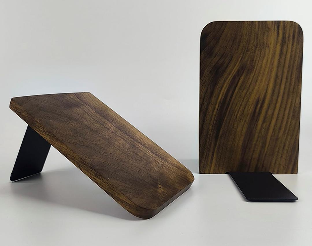 Wood Book Ends for Shelves, Non-Skid Wood Bookends, Heavy Duty Book Stand Support for Books and Movies (Walnut-1 Pair, Large)