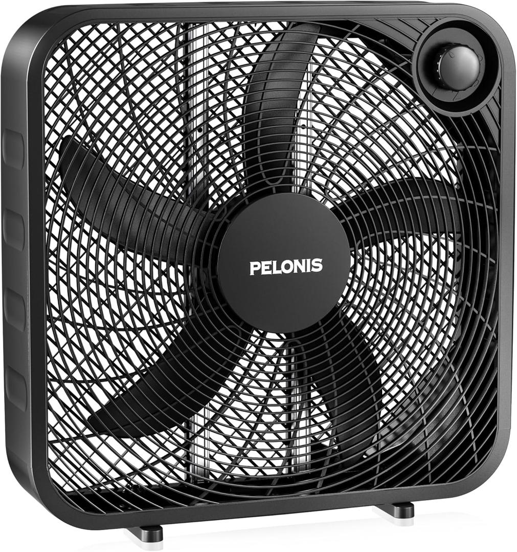 PELONIS 20 Inch Box Fan  3 Speeds, Window Fans, Floor or Tabletop, 25ft/s, 2025 Upgraded, Superior Air Throw (2295 CFM), Lightweight, 5 Blades, Fans for Bedroom, Office, Living Room, Garage (Black)