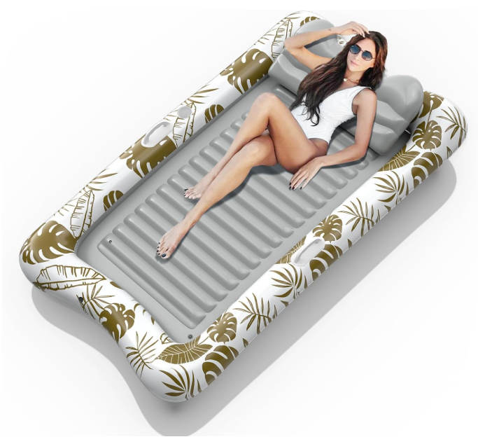 Rrtizan Inflatable Tanning Pool Rafts for Adults, 83.5" x 52.4" Adult Pool Floats with Pillow, Cup Holder & Handles, 4-in-1 Suntan Tub Raft Floatie for Pool, Backyard, Kids' Ball Pit (Golden-White)