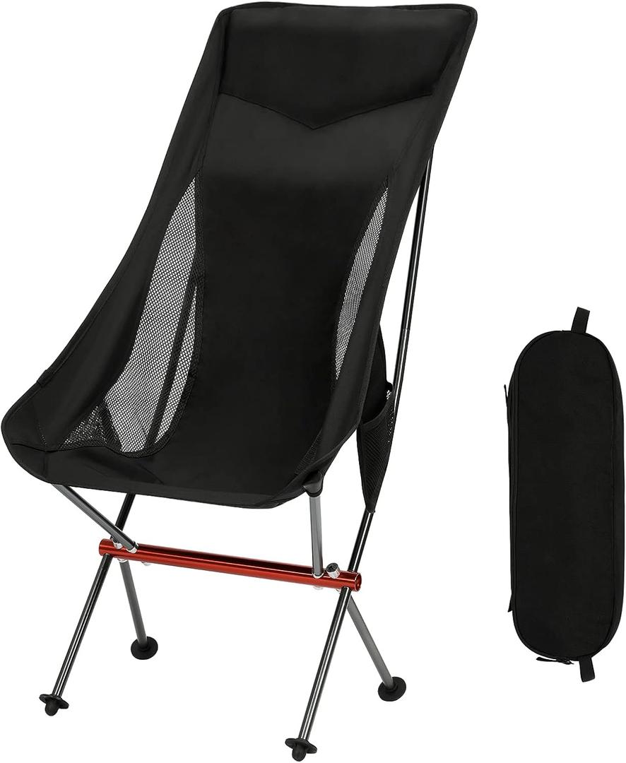 Camping Chairs, All Aluminum Frame Portable Folding Camp Chair for Adults, Heavy Duty High Back Collapsible with Built-in Pillow, Side Pocket, Carry Bag for Backpacking, Hiking, Beach (54cm Black)