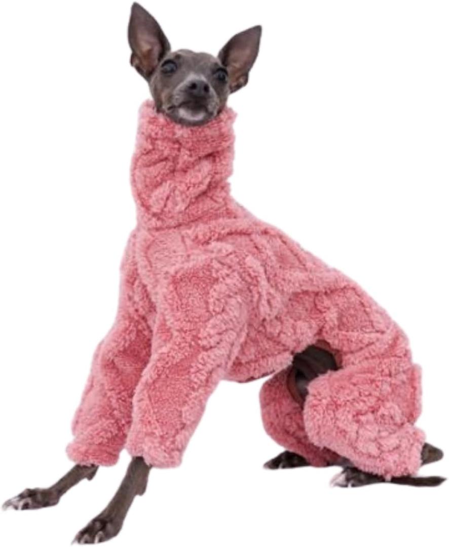 Greyhound Clothes - Dog Winter Warm Fleece Turtleneck Jumpsuit Four-Leg Rompers Long Sleeve Sweatshirt Thick Outdoor Coat for Italian Greyhound Whippet Deerhound Bedlington Terrier (L, Pink)