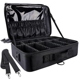gzcz Large Capacity Travel Makeup Train Case,Professional Cosmetic Bags for Women,Portable Makeup Brush Bag Organizer Storage with Adjustable Dividers and Shoulder Strap (Black)