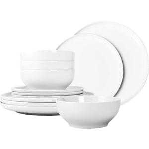 12-Piece Dinnerware Set for 4, White Porcelain Plates and Bowls, Chip Resistant Dishwasher Microwave Safe