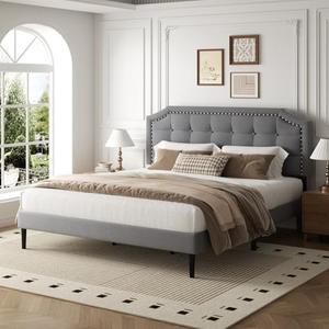 HAOARA King Size Bed Frame, King Size Platform Bed Frame with Upholstered Button Tufted Headboard, Strong Wood Slats, No Box Spring Needed, Mattress Foundation, Easy Assembly Grey