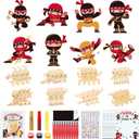 24 Set Ninja Party Favors - with Magnets Diamond Stickers Glitter Glue Pens - Karate Party Favors for Kids - Non-Toxic DIY Wooden Ninja Paint Crafts - Goodie Bags Gifts Prizes for Kids Boys Toddler