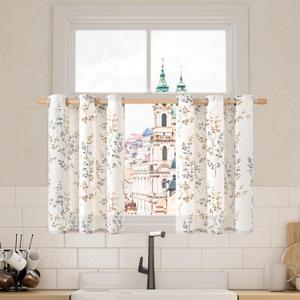 BGment Short Linen Curtains 36 Inch Length 2 Panels Set, Half Window Cafe Curtains for Dining Room Farmhouse Bathroom Kitchen, Print Leaf Design, Each 42 Inch Wide, Brown