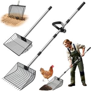 11.61" Chicken Poop Scooper & Rake 2-in-1+ 9.84" Pooper Scoopers, 25" to 67" Large Metal Litter Scoop with Adjustable Stainless Steel Handle for Farm Sifting Coops Cleaning Chicken Litter Pet Waste