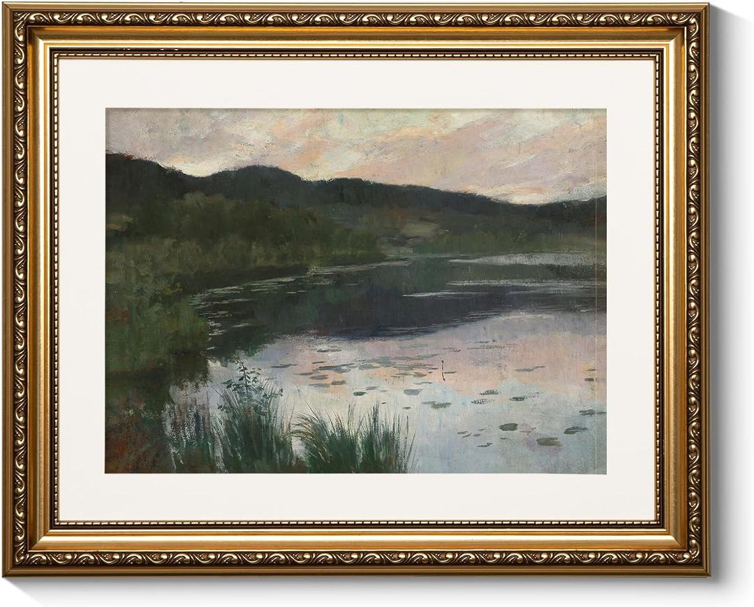 ARPEOTCY Gold Framed Scenery Wall Art, Living Room Bedroom River Landscape Pictures Wall Decor, Farmhouse Retro Decor, Canvas Prints, Antique Picture Frame Vintage Paintings, 13x16 Inch (16L" x 13W", Summer Night Landscape)