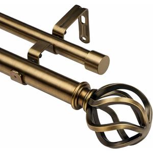 Brass Double Curtain Rods, Heavy Duty Decorative Drapery Rod 36-72 Inches, Telescoping Drapery Rod with Twisted Cage Finials