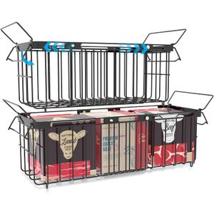 Freezer Organizer Bins, 2 Pack Expandable Stackable Hangable Chest Freezer Containers with Handles, Adjustable From 10.3" to 14.2" Storage Baskets for Fridge, Deep Freezer, Cabinet, Pantry, Kitchen, Black (Large) 