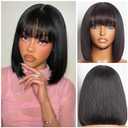Bob Wig with Bangs Human Hair HD Lace Hairline Short Black Bob Wigs Wear and Go Glueless Wigs for Black Women 200% Density 12Inch