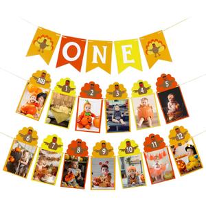 Thanksgiving Turkey One Banner and Turkey 1st 12 Month Birthday Photo Banner for Thanksgiving turkey 1st Birthday Party Decorations