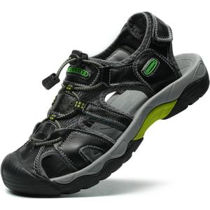Mens Leather Sports Sandals For Men Closed Toe Hiking Outdoor Athletic Casual Walking Sandals Water Shoes Summer Fisherman Sandal Handmade (10, Smooth Black)