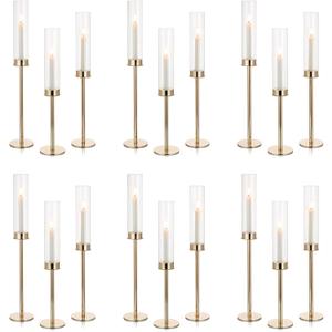 NUPTIO Candle Holders for Table Centerpiece: 18 Pcs 23.6 & 21.7 & 19.7 in Tall Gold Hurricane Candlesticks Holder with Glass Cylinder Cover Bulk Taper Candles Sticks Stand for Thanksgiving Party Decor