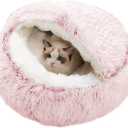 Anti-Anxiety Cat Bed, Plush Hooded Cave, 20 in Diameter, Suitable for Small to Medium Pets, Pink