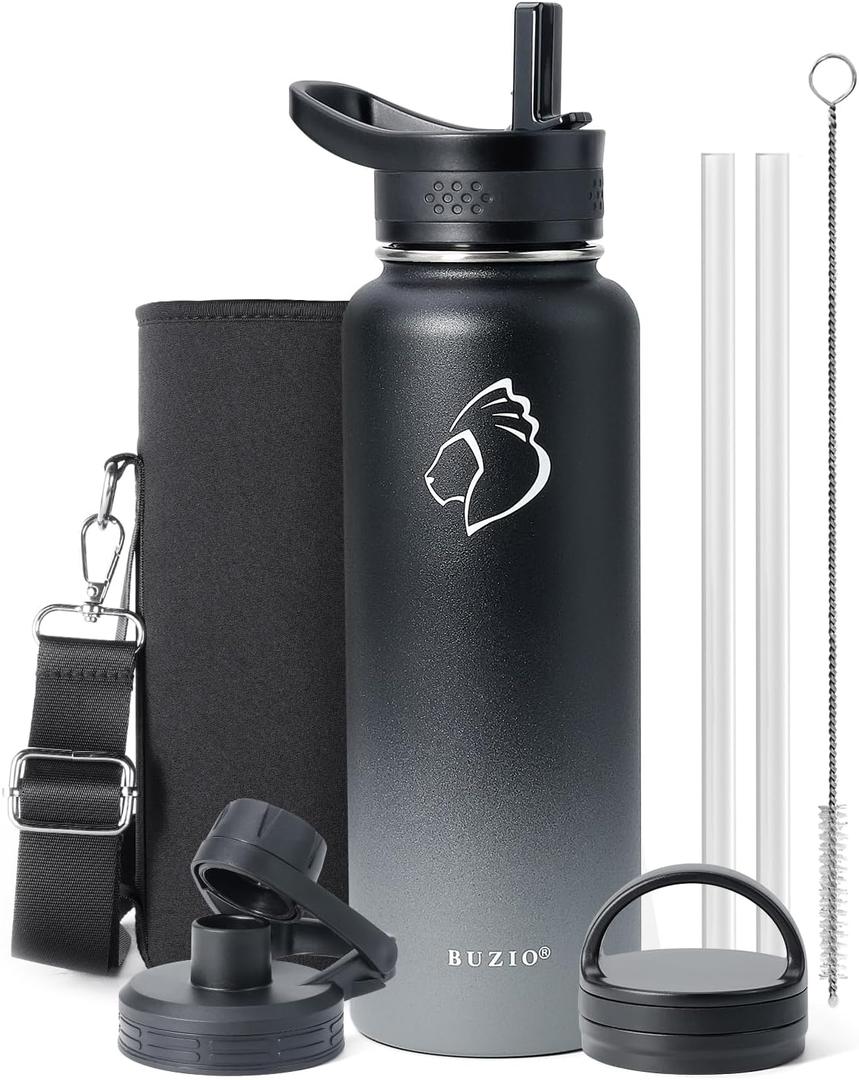 BUZIO 40 oz Water Bottle Insulated with Straw & 3 lid and Carrying Pouch, Leak Proof Anti-Slip Stainless Steel Water Flask Jug, Cold for 48 Hrs Double Vacuum Thermo Canteen, BPA-Free, Shadow
