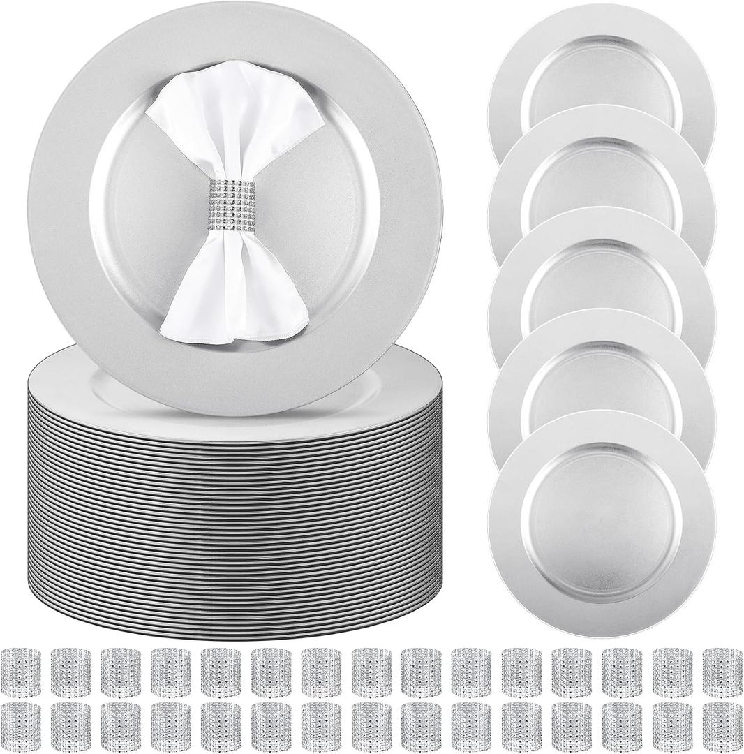 Tanlade 100 Pcs Charger Plates Set Bulk Include 50 Plastic Plate Chargers and 50 Napkin Rings 13" Round for Dinner Table Setting Wedding Baby Shower Decoration(Silver), Simple Style