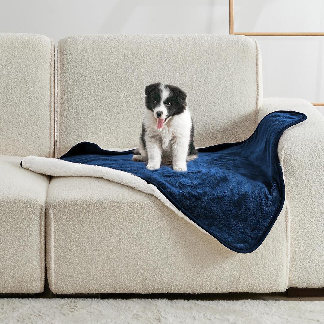 Waterproof Blanket for Bed Couch Sofa, Soft Liquid Pee Proof Pet Blanket for Dog Puppy Cat, Reversible Sherpa Fleece Furniture Protector (Navy Blue, 30x40 inches)