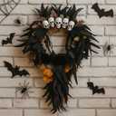 Suncalla Halloween Wreath for Front Door 24 Inch Large Artificial Skulls Black Artificial Roses, Skeleton, Maple Leaves Outdoor Wreath Decor, Scary Creepy Halloween Decorations for Front Door and Wall
