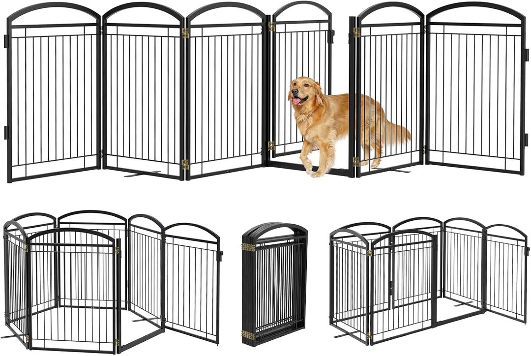 Full Metal Free Standing Dog Gate with Door for Indoor Outdoor, 144'' Extra Wide 36'' Tall Dog Gate for Doorways,Large Openings,Decks,Freestanding Portable Pet Fence(6 Panels,Black)