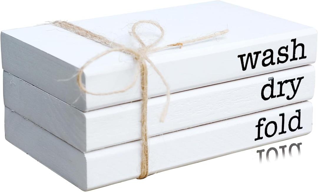 LIVDUCOT Mini Laundry Room Decor, Farmhouse Laundry Wooden Book stack, Cute Laundry Rules Tray Decor, Wash Dry Fold Sign