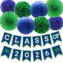 3 x Blue Green Graduation Party Decoration Class Banner Hanging Pom Poms Flowers High School College Grad Supplies