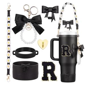Rabrgab 7Pcs Black Stanley Cup Accessories for 40Oz 30Oz 20Oz, Women Teen Girls Gifts, Stanley Tumbler Cup Decoration with Straw Topper, Bow Charm, Silicone Boot, Handle Strap, Letter Sticker R