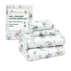 RUVANTI 100% Organic Cotton Sheets Queen Size, Percale Weave, GOTS Certified, 4-Piece Set, Deep Pocket 15", Crisp & Breathable, Soft Durable Bedding, Sábanas Algodón Orgánico – Halcyon