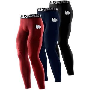 SILKWORLD Men's 1~3 Pack Compression Pants Pockets Cool Dry Gym Leggings Baselayer Running Tights, L