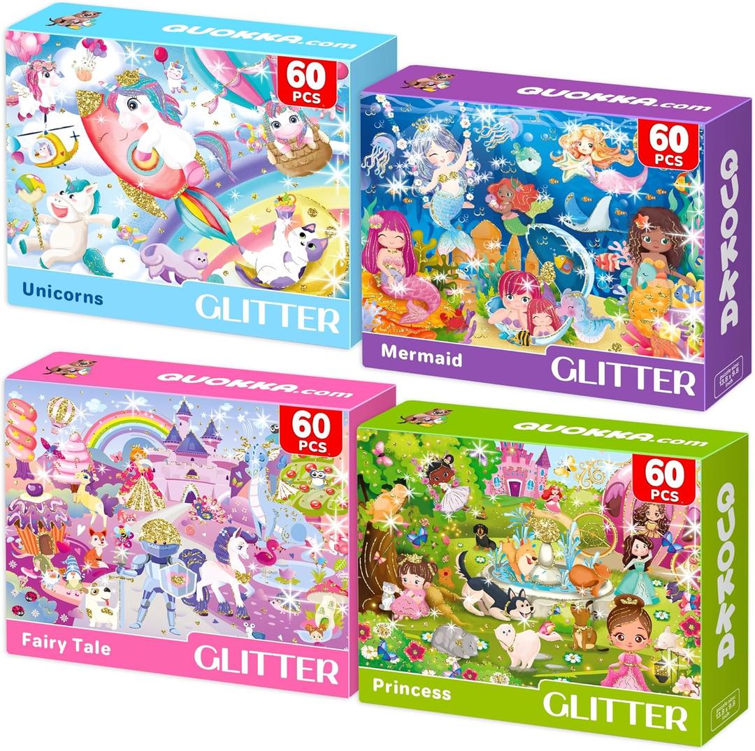 QUOKKA Puzzles for Kids Ages 4-6 - Set of 4x60 Jigsaw Puzzles for Toddlers 3-5 - Glitter Unicorn Princess Animals Toys for Children 6-8 yo - Gift Educational Game for Boys & Girls