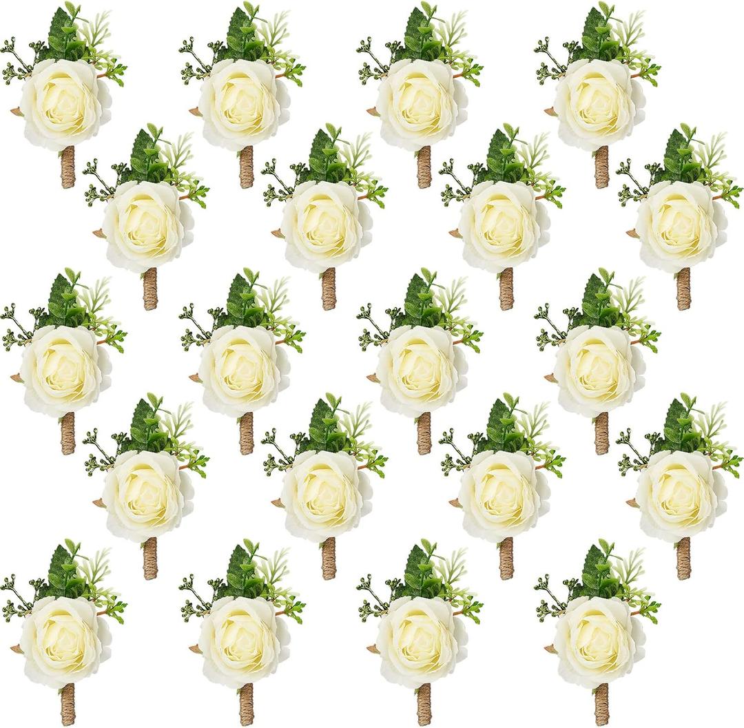 Sherr 60 Pcs White Rose Boutonniere for Men Wedding Corsage Rose Groom and Groomsmen Boutonniere with Artificial Flower for Rustic Vintage Wedding Ceremony Anniversary Dinner Prom Party
