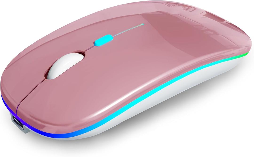 AIKOKOK Wireless Bluetooth Mouse, Rechargeable, Dual Mode Bluetooth 5.2 & 2.4G USB, LED Lights, Slim, Silent, Portable Computer Mouse for Laptop, PC, MacBook, iPad, Tablet (Rose Gold)