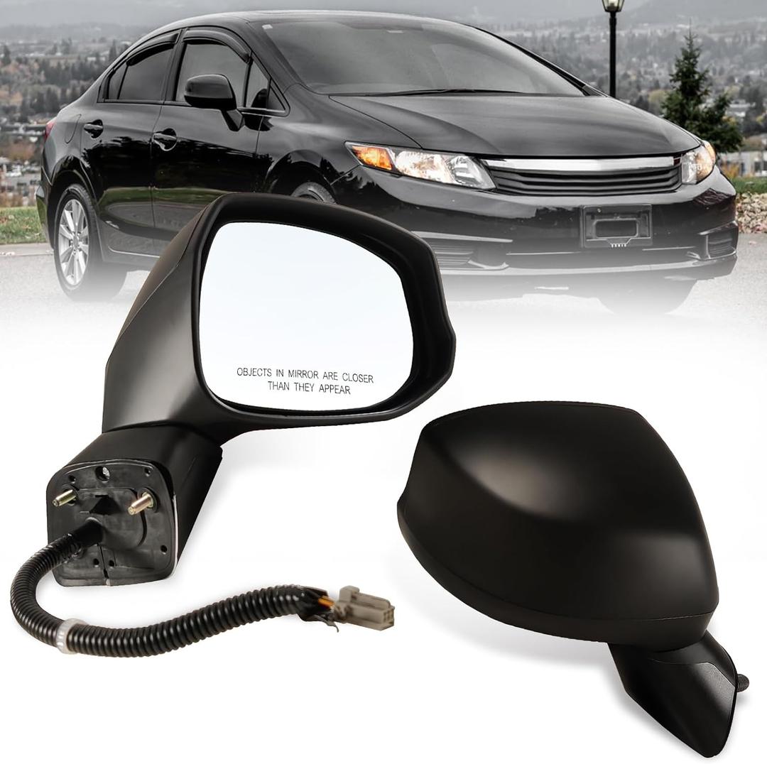 Right Passenger side Mirror Fits 2012-2015 Honda Civic with Power Glass Non-heated Without Turn Signal Light Replaces 76202TR0A01 (3 Pins) (Black)