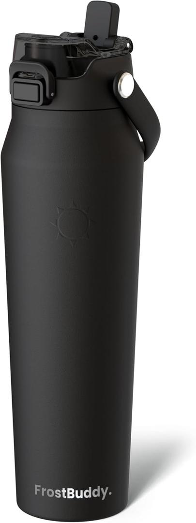 Frost Buddy 32oz Insulated Water Bottle with Straw & Chug Lid | Leak-Proof Stainless Steel | 24-Hours Cold | Sweat-Proof, Cup Holder Friendly | Ideal for Gym, Travel, Sports & Everyday Hydration (Black)