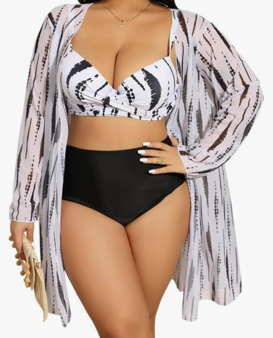 Women's 3 Piece Swimsuits Plus Size 4XL Print Bikini Sets with Kimono Cardigan Cover Up