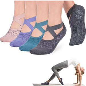 Ozaiic Pilates Socks for Women Non Slip Grip, Yoga Socks with Grippers for Barre, Hospital, Ballet, Dance, Barefoot Workout, 4 Pairs