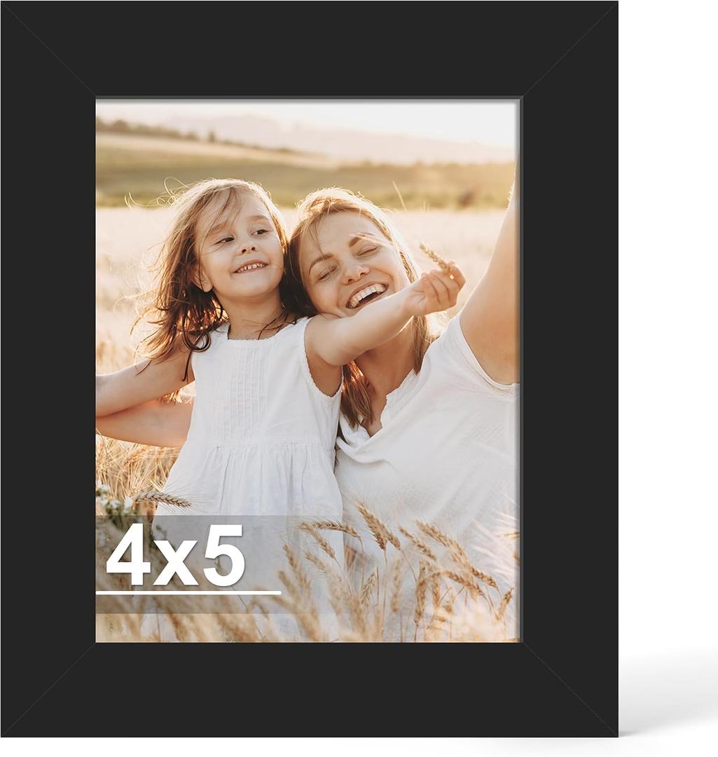 Hongkee 4x5 Picture Frame, Made of Real Glass and Wooden Frame, Horizontal and Vertical Display for Wall or Tabletop (Black, 1 Pack)