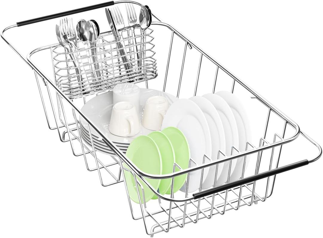 Small Dish Drainer Rack in Sink Adjustable, Expandable 304 Stainless Steel Metal Dish Drying Rack Organizer with Stainless Steel Utensil Holder Over Inside Sink Counter, Rustproof(For 1-2 People)